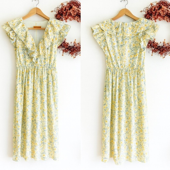 O.P.T. Womens KATE Midi Sundress V-Neck XTRA-SMALL XS Yellow Floral Ruffle